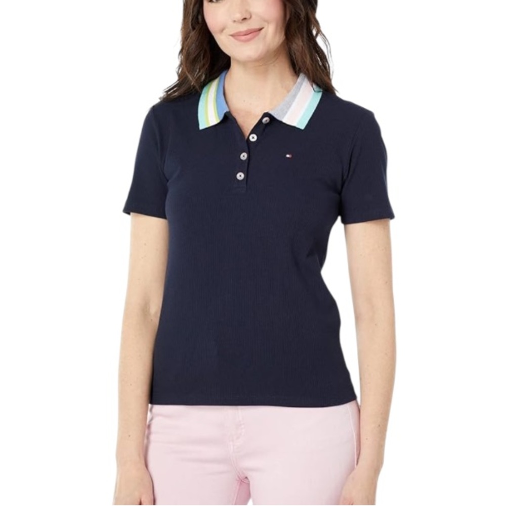 Tommy Hilfiger Contrast Collar Short Sleeve Polo Women’s Size M Preppy
